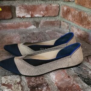Rothy’s The Point Cap Toe Flats Size 8 Tan Black Knit Washable Work Chic